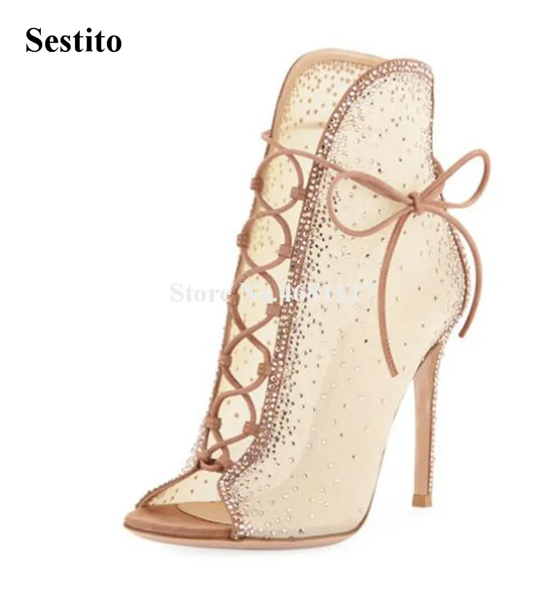 

Women Luxurious Fashion Peep Toe Bling Bling Rhinestone Mesh Thin Heel Short Boots Lace-up Cut-out Crystal High Heel Ankle Boots