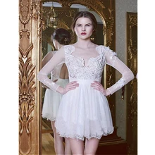 2016 Sexy A-Line Cocktailkleider Tulle & Chiffon V-ausschnitt Langarm Mini Länge Homecoming Party Abendkleid Vestidos De Coctel