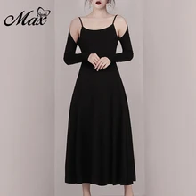 Max Spri 2019 New Collection Cold Shoulder Long Sleeves Office Lady One-Piece A Line Simple Ankle-Length Women Party Dress Black black sexy cold shoulder long sleeves sweater