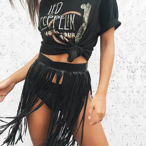 Women Faux Leather Tassel Skirts Fringe High Waist A Line Pencil Knee