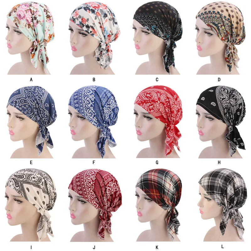 

New Muslim Women Cotton Print Pre-Tied Turban Hat Cancer Chemo Beanies Caps Headwear Head Wrap Bonnet Hair Loss Accessories