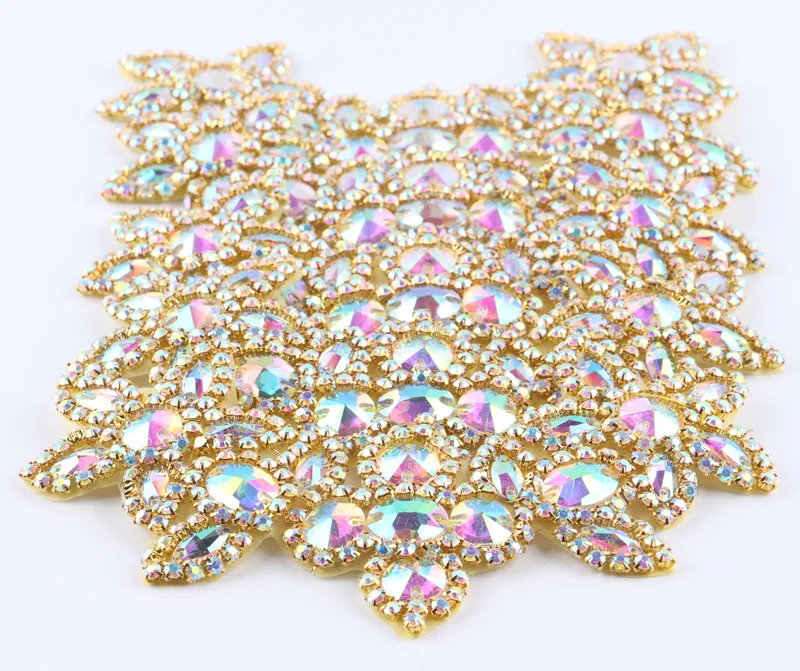 

(3pcs/lot)Bling Gold AB Crystal Rhinestone Appliques Patch Hot-Fix Beaded Applique Trim For Girl Headbands Dress