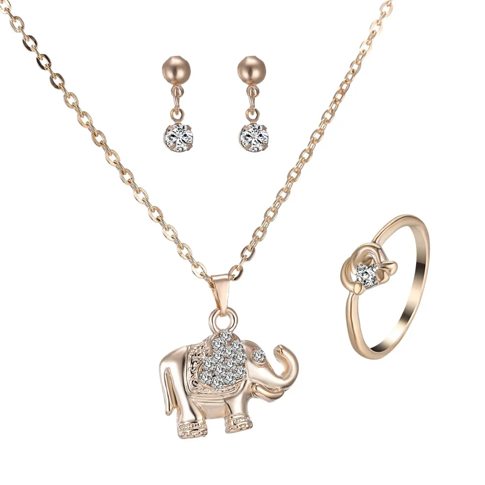 

Cute Elephant Necklace Women Gold Plated Animal Necklace Earring Ring Jewelry Set 2016 Fashion Wedding Bijoux For Friend Gift