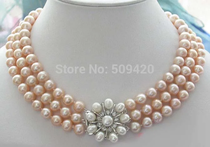 

Free Shipping AA++ 3ROW 9mm PINK ROUND FRESHWATER PEARL NECKLACE FLOWER