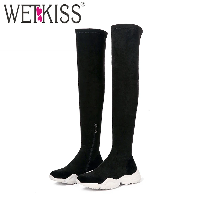 

WETKISS Over The Knee Women Stretch Boots Round Toe Footwear Cow Suede Female High Heels Boot Platform Shoes Women 2018 Black
