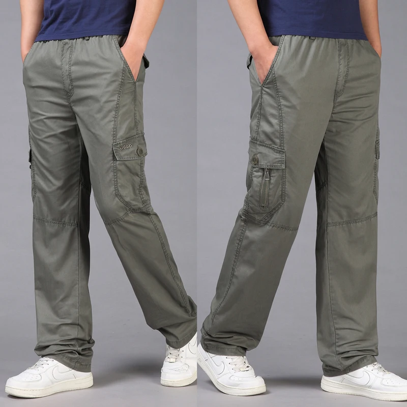 Plus size Cotton men cargo pants casual male big M-6XL Multi Pocket Jeans oversize Pants elastic waist 150KG | Мужская одежда