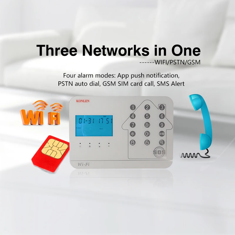 Konlen wifi GSM PSTN умная домашняя система охранной сигнализации для дома безопасный беспроводной детектор проводка сенсор комплект Alarme камера поддерживается