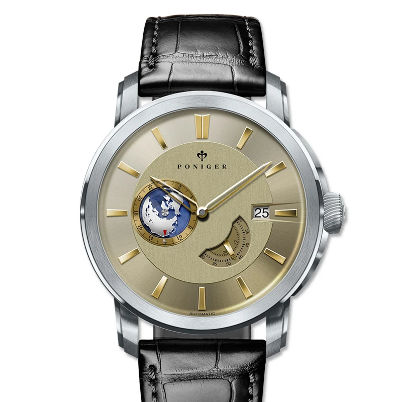 Poniger Для мужчин Бизнес 50 м Водонепроницаемый модные автоматические механические наручные часы с отдельными секундный циферблат, 24 часовой циферблат-кожа