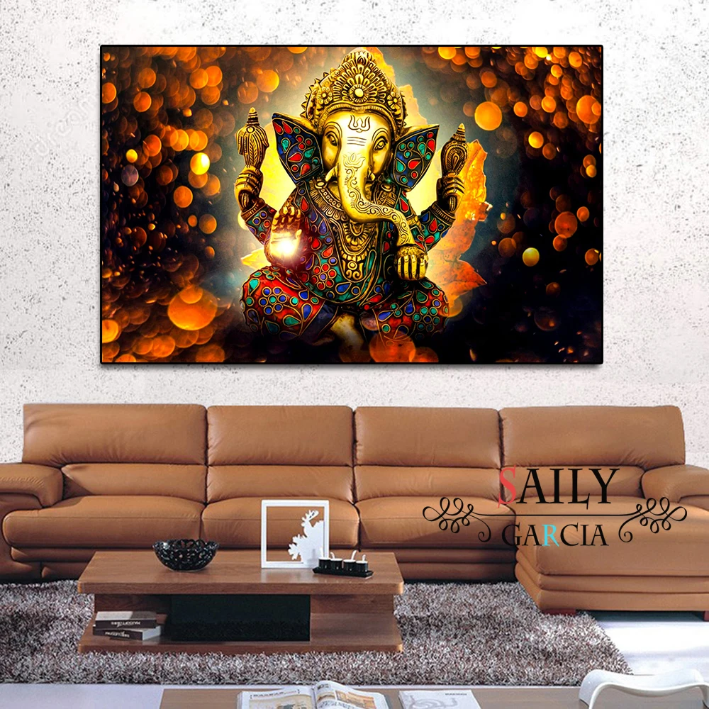

Buddha Poster Vinayaka Ganapati Lord Ganesha Statue Wall Art Canvas Picture for Living Room Home Decor Golden Elephant No Frame