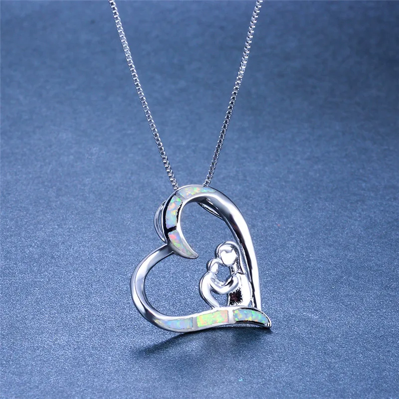 

Boho Female Big Love Heart Pendants Necklaces White Blue Fire Opal Necklace Vintage Rose Gold Mom Baby Necklaces For Women