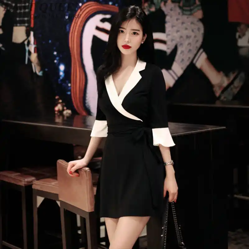 womens black dress with white collar