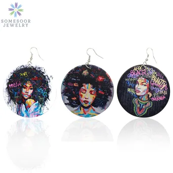 

SOMESOOR Black AFRO Beauty Wood Drop Earrings African Natural Hair 6cm Ethnic Dangle Jewelry For Girls Lady Women Gifts 6Pairs