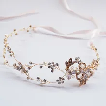 Gold Wedding Tiara Pearl And Rhinestone Hair Vine Bridal Headpiece Forhead Headband Crown Brides Hair Accessories