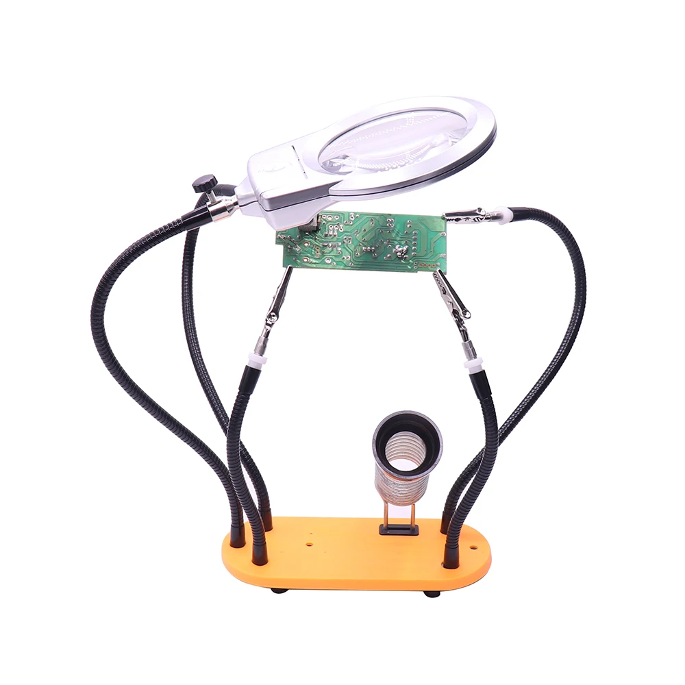 

Third Hand Soldering Stand, Welding Tool LED Magnifier 5 Flexible Metal Arms, PCB circuit board soldering iron holder with clamp