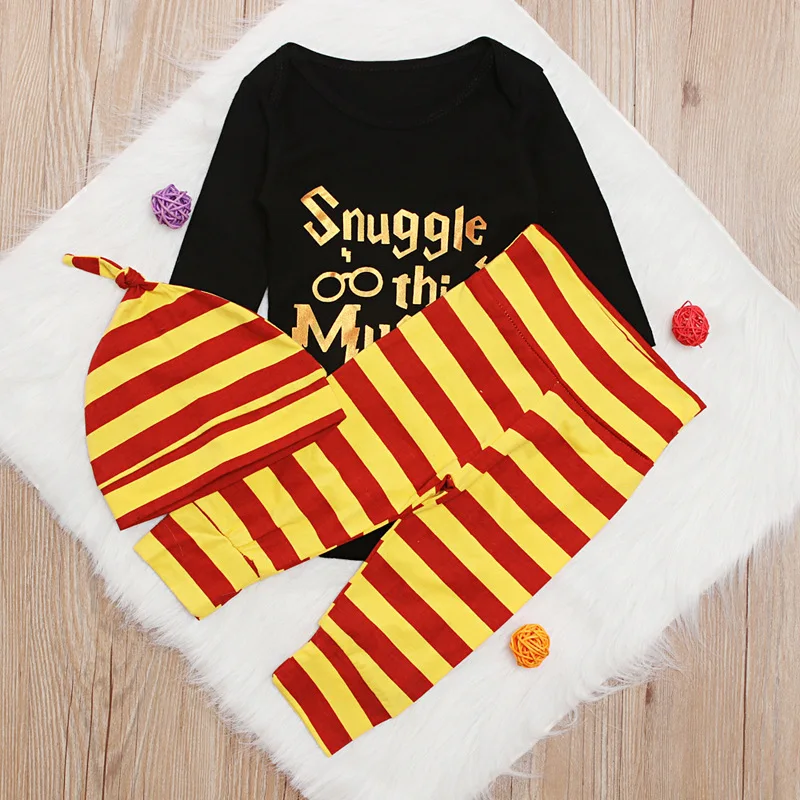 

Baby Boys Cotton Letter Long Sleeve Bodysuits + Striped Trousers + Hat Kids 3Pcs Suits Clothing Sets Infant Outfits