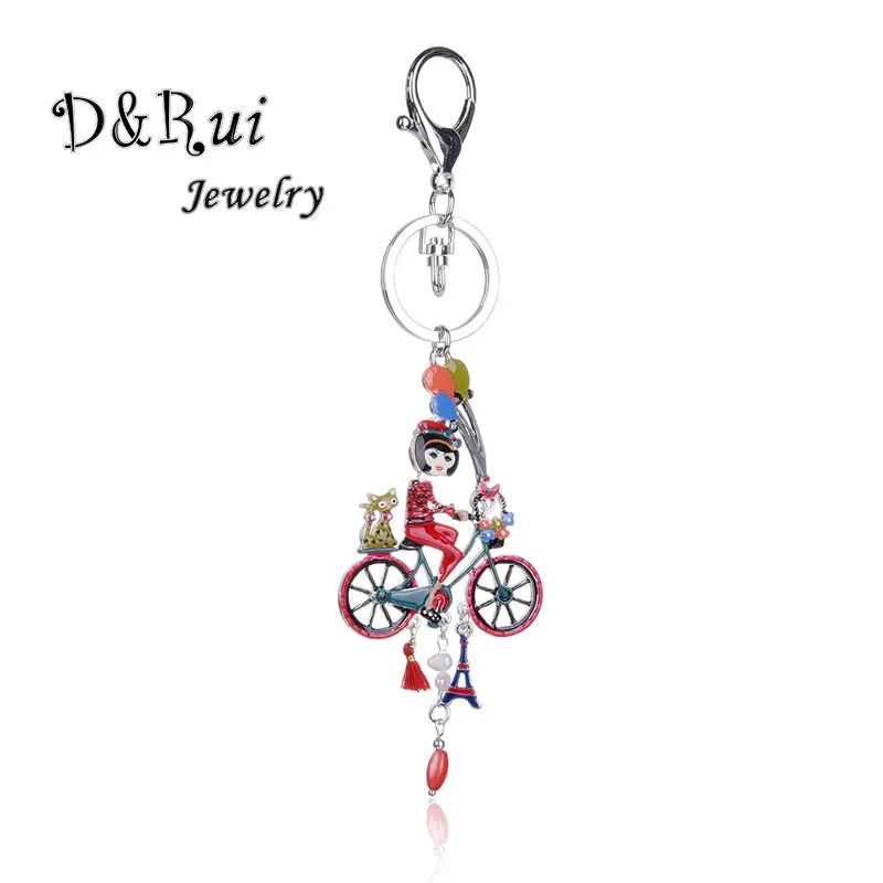 

Creative Keychain Enamel Bicycle Cartoon Figure Keyring Fashion Alloy Cat Balloon Silver Color Car Pendant Girls Key Chain Women