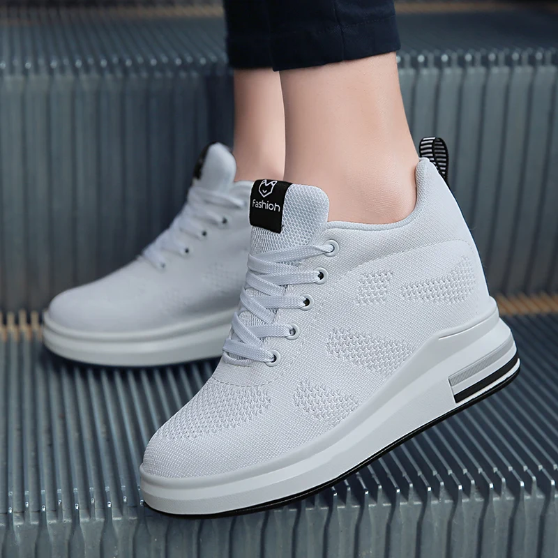 

Hide Heel Women Fashion Sneakers Flying Knitting Wedge Casual Shoes Woman Air Mesh Breathable Autumn High Top Ladies Shoes SH3