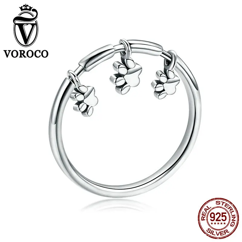 VOROCO 2018 Hot Sell Dog Footprints Cute Rings Authentic 925 Sterling Silver Dangle Finger Ring Anniversary Jewelry Gift BKR394
