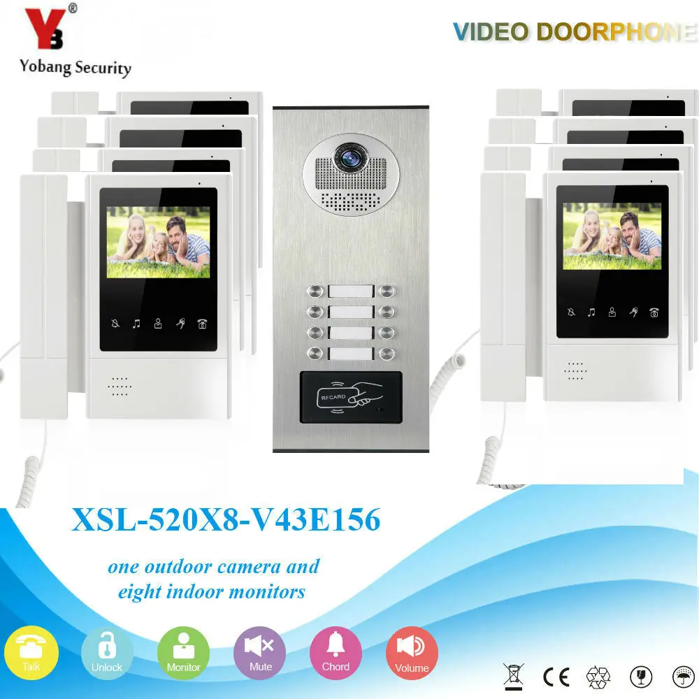 Yobang безопасность RFID Контроль доступа камера домофон 4,3 дюймов видео телефон двери дверной звонок визуальный домофон 1 камера 8 монитор