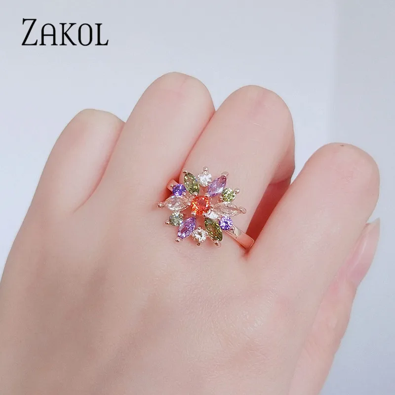 ZAKOL, модное розовое золото, цветок, кластер, прозрачный кристалл, цирконий, открытые кольца для женщин, свадебные ювелирные изделия Brincos FSRP2124
