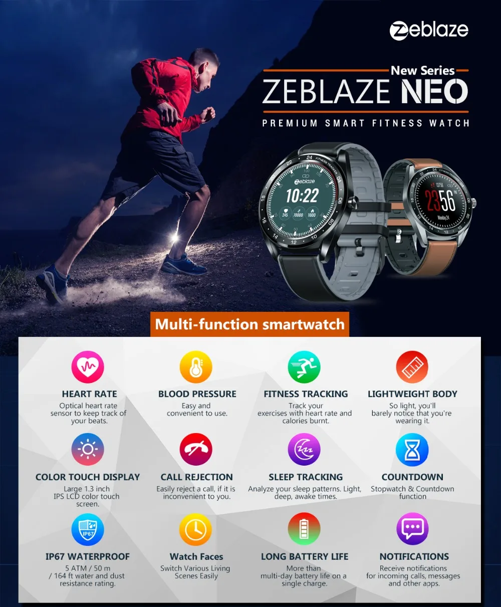 Zeblaze NEO серии сенсорный дисплей Smartwatch пульсометр кровяное давление для женщин отсчет вниз вызов отклонение WR IP67 Смарт часы для мужчин