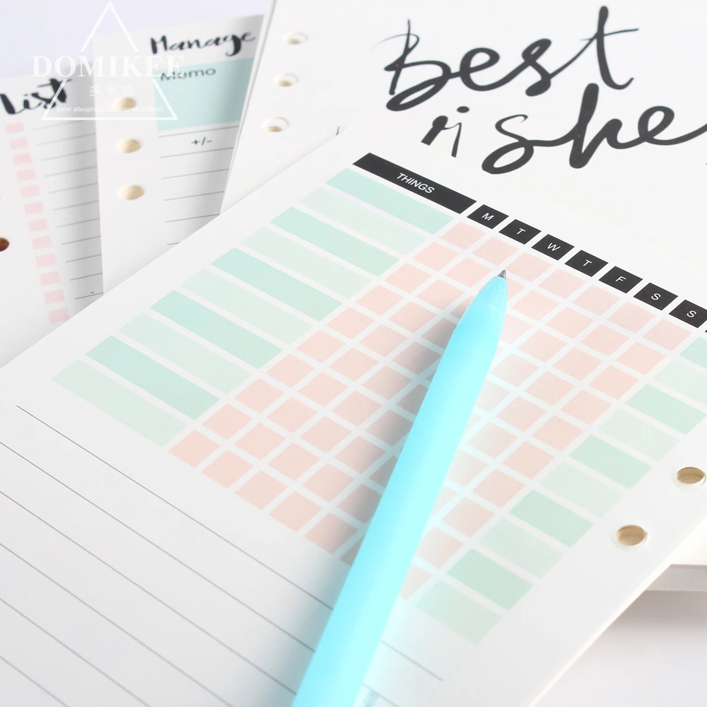 New cute 6 hole binder spiral notebooks replacement inner paper core stationery:4 kinds:monthly weekly planner,list,account A5A6