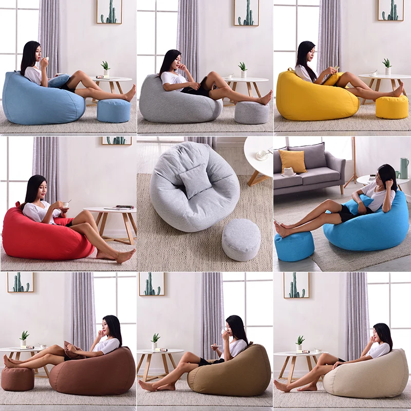 Bean Bag Sofa Chairs Removable Cotton Linen Cloth Lazy Bean Bag Sofas Full filling Lounger Seat Tatami Furniture with Footstool