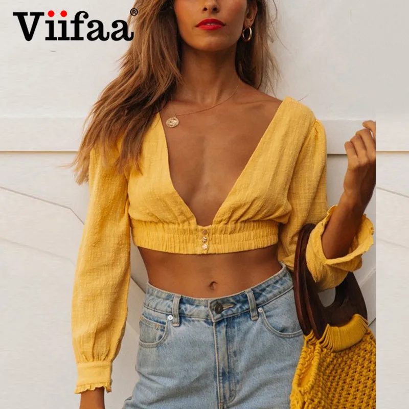 

Viifaa Yellow Deep V-Neck Sexy Blouse Button Front Long Sleeve Shirt Women Tie Back Elastic Waist Crop Top Backless Blouses