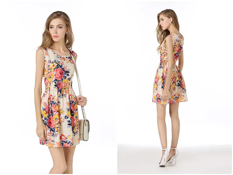Summer Slim Waist Dresses Print Casual Sleeveless Beach Chiffon Floral Dress 2019 Fashion Tank Dress Printed Women Vestidos  (3)