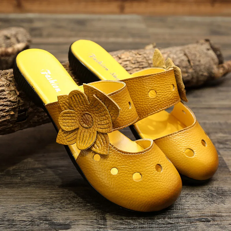 

Women Slipper Genuine Split Leather Flat Heels slip on Flower Round Toe Platform Flip Flops Ladies Sandal vintage slides 928W