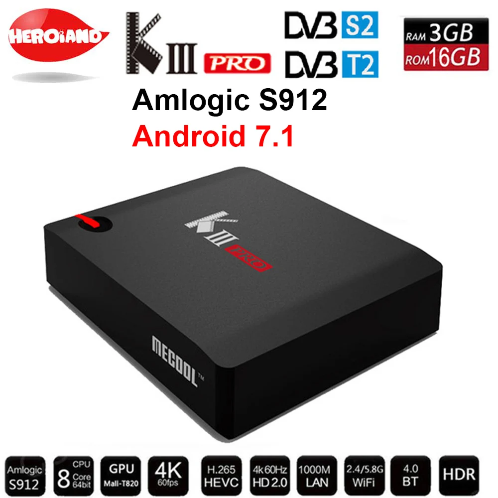 

MECOOL KIII PRO DVB-S2 DVB-T2 DVB-C Android 7.1 TV Box 3GB 16GB K3 Pro Amlogic S912 Octa Core 64bit 4K Combo Cline NEWCAMD