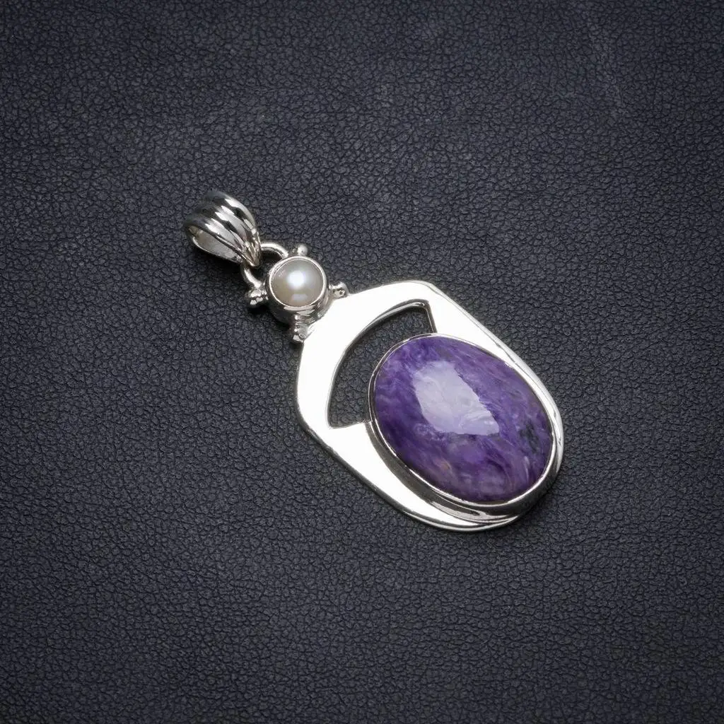 

Natural Charoite andRiver Pearl Handmade Unique 925 Sterling Silver Pendant 1.75" X0613