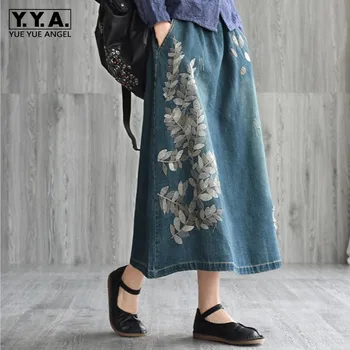 

Vintage Women Elastic Waist Denim Skirt Mid Calf Long Flowers Emboridery Skirts Female Folk Casual Hole Ripped Loose Fit Skirt