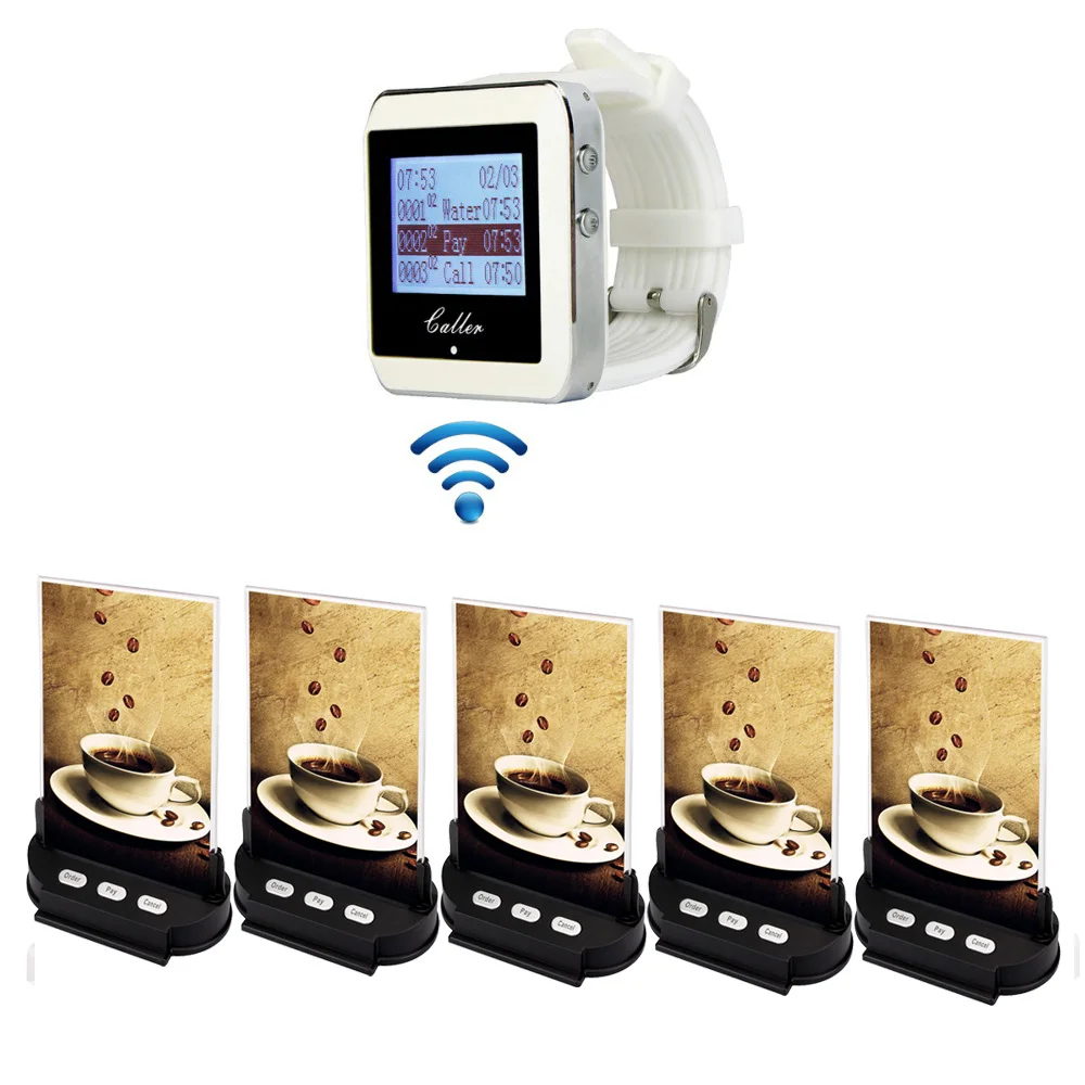 

Restaurant Calling System Wireless Pager 1 Watch Receiver+5 Table Call Transmitter Button Waiter Call Catering Equipments F3365