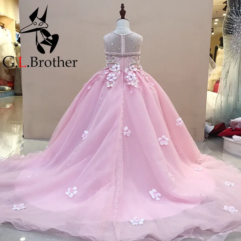 

Real Picture Princess Dress Ball Gown Beading Dress Kids Evening Gown Luxury Flower Girl Dresses For Wedding Long Trailing