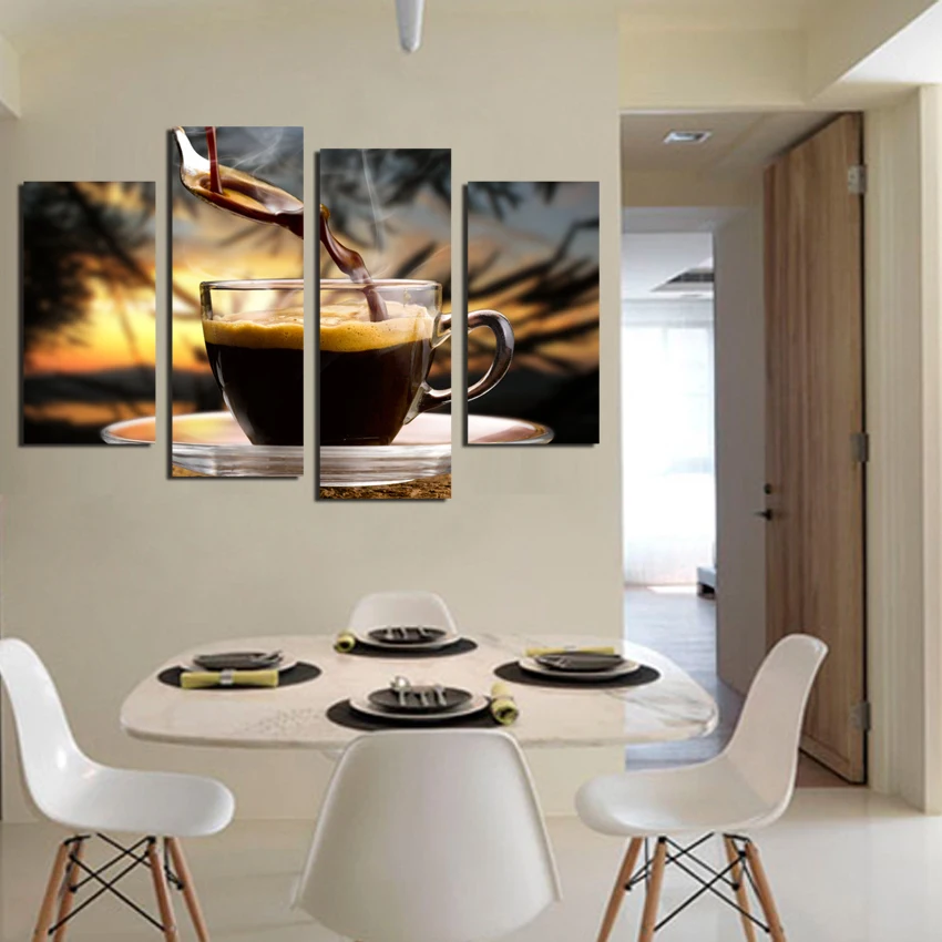 

4 Panels Canvas Painting Coffee background Print Painting On Canvas Wall Art Picture Kitchen Home Decoration Unframed F18830