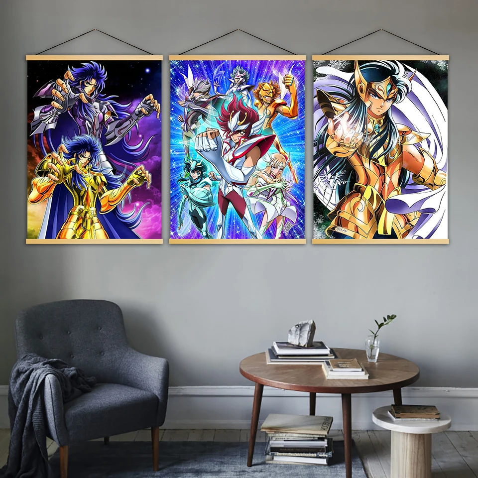 

Printed Modern Wall Art Saint Seiya Japanese Animation Canvas Poster Solid Wood Hanging Scrolls Painting Nordic Hobby Home Decor