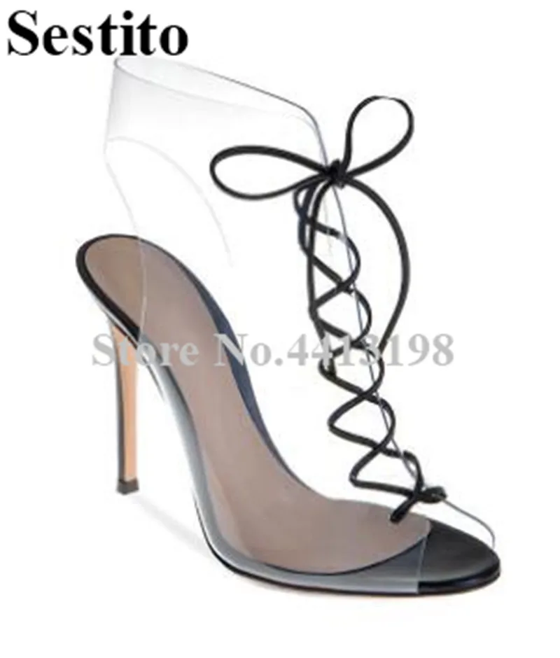 

2019 European Fashion Cross-tied Strap PVC Party Summer Peep Toe Thin Heels Stiletto Heel Sandals Lace-Up High Heels Women Shoes