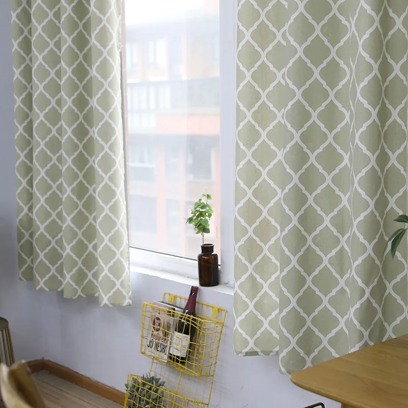 

Linen&Cotton Curtains Living Room Bedroom Kitchen Printed Green Half Blackout Window Short Curtains Home Decoration 55*85in
