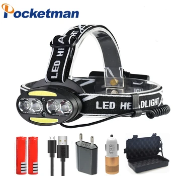 

5000ml LED headlamp 4 x T6 + 2 x COB + 2 x Red LED headlight Super Bright 7 lighting 4 modes with batteries charger z90