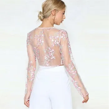 

Women See-through Fishnet T-shirt New Sexy Floral Sheer Mesh Tops Wear Ladies Fashion Long Sleeves Short Beach T-shirts Hot Sale