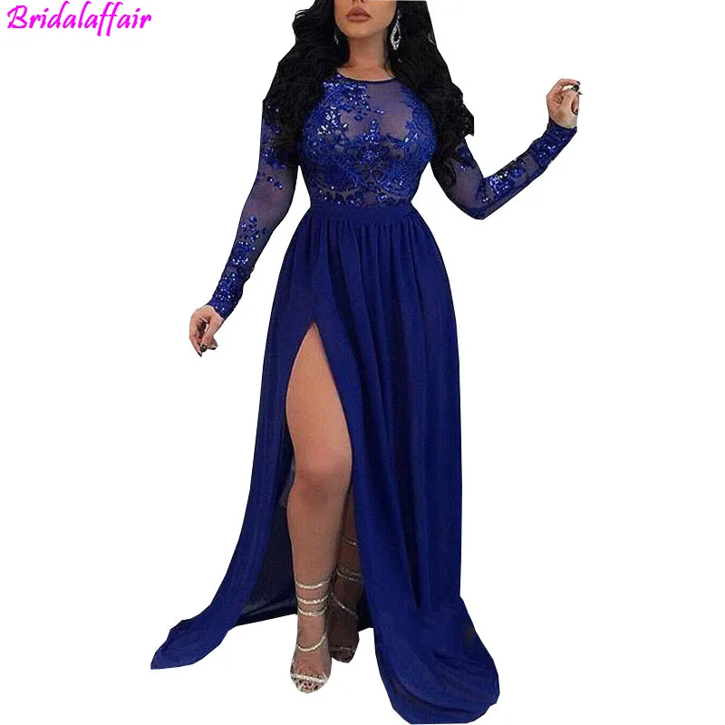 

Sheer Long Sleeves Royal Blue Mermaid Prom Dresses 2019 Sequins Appliques Side Split Evening Gowns Backless Evening Wear Dress