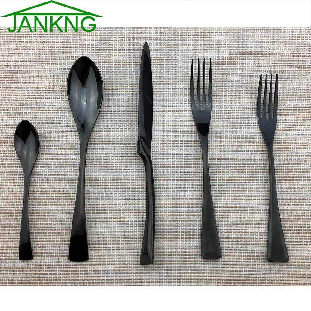 

JANKNG 5Pcs Stainless Steel Cutlery Set Mirror Polishing Silverware Dinner Black Dinnerware Knife Tableware Set Service For 1