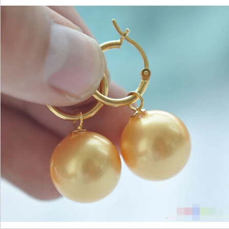 

P3807 16mm yellow round SOUTH SEA SHELL PEARL DANGLE EARRING Noble style Natural Fine jewe FREE SHIPPING