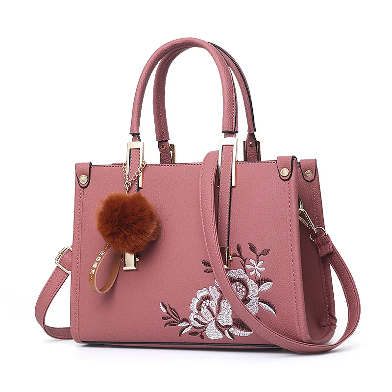 

ladies hand bags embroidery floral fur ball accessory crossbody bags for women top handle handbags for ladies 2019 new arrival