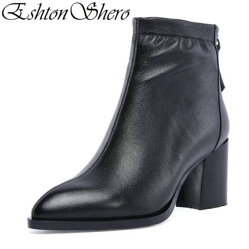 

EshtonShero Winter Shoes Woman Ankle Boots Genuine Zipper Leather+PU Women Square High Heel Ladies Motorcycle Boots Size 34-42