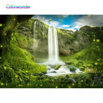 

Colorwonder Photography Background Waterfall 7x5 Green Mountain Fluorescent Dots Dreamy Natura Scenery Backdrop for Photo Booth