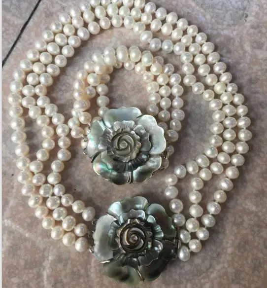 

3 rows9-10mm south sea white round pearl necklace 16"17"18" &bracelet 7.5-8