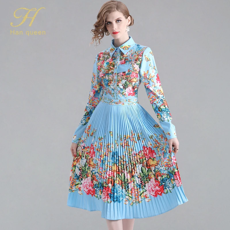 

H Han Queen Turn-down Collar Ruched Pleated A-line Dress Women 2019 Summer Print Flower Floral Dresses OL Vintage Swing Vestidos