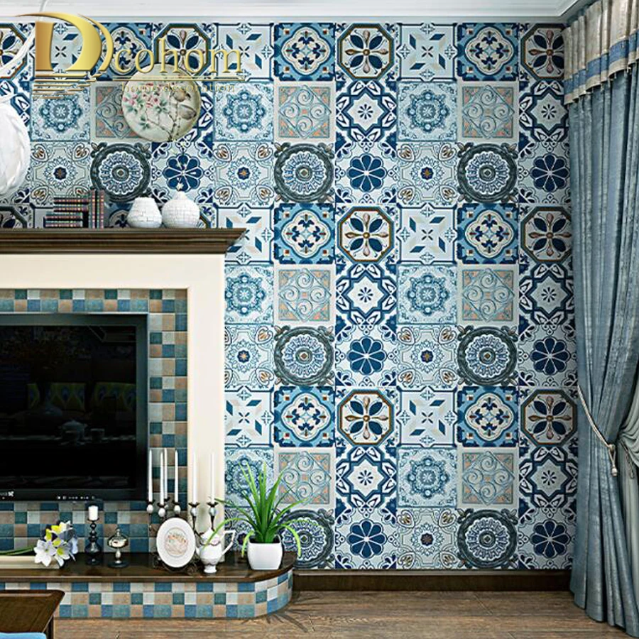 Blue Romantic Bohemia National Faux Tile Wallpaper Moroccan Tile Style Mosaic Vinyl Wall Cover Paper Wallpapers Aliexpress